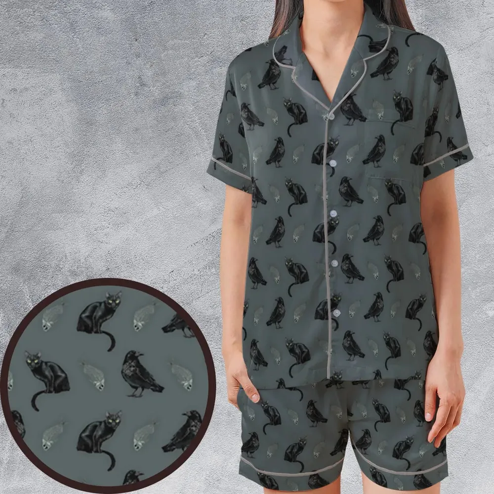 Cat and Raven Edgar Allan Poe Pattern Satin Short-Sleeve Pajamas Set - 1