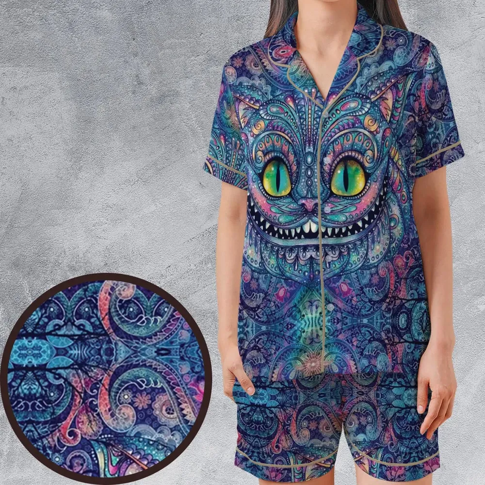 Cheshire Cat Alice In Wonderland Satin Short-Sleeve Pajamas Set - 1