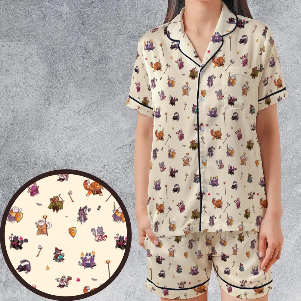 Cats In DnD Pattern Satin Short-Sleeve Pajamas Set - 1
