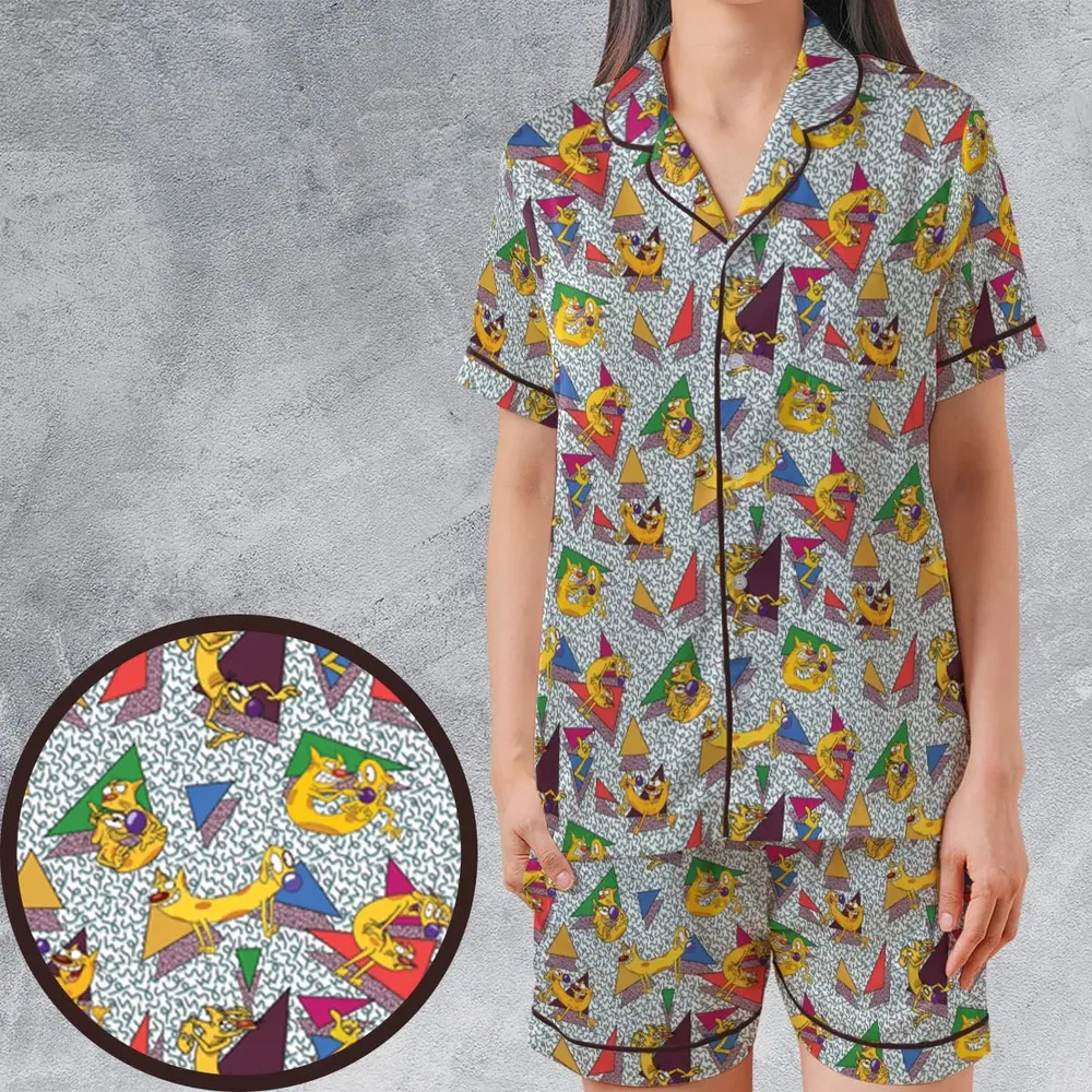 Catdog 90s Cartoon Pattern Satin Short-Sleeve Pajamas Set - 1