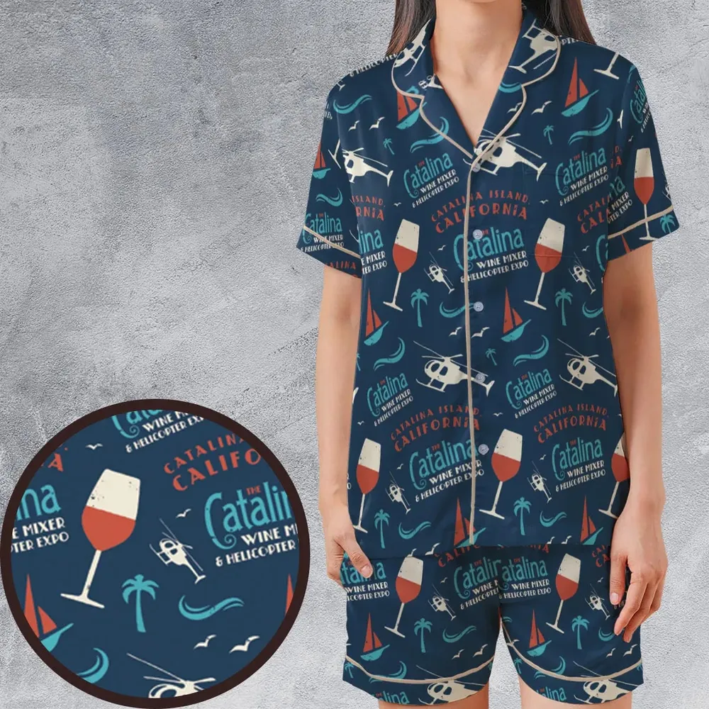 Catalina Wine Mixer Pattern Satin Short-Sleeve Pajamas Set - 1