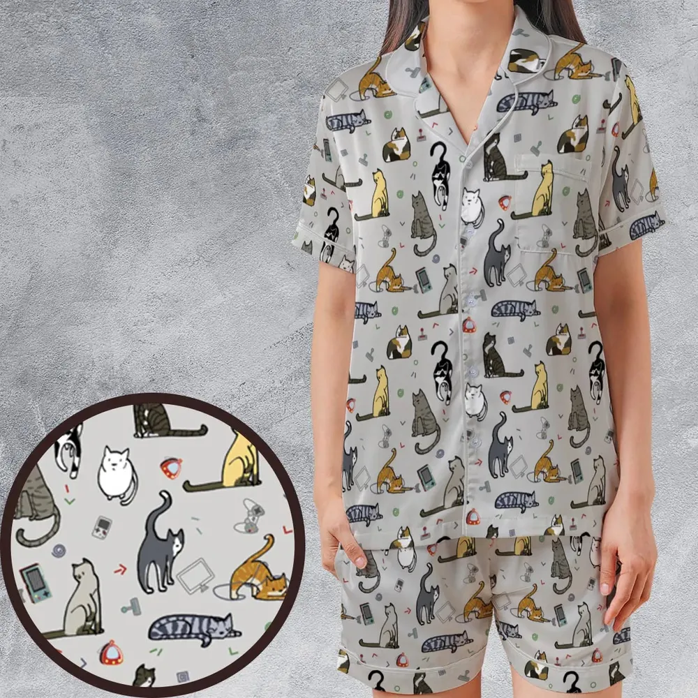 Cat the Gamer Pattern Satin Short-Sleeve Pajamas Set - 1
