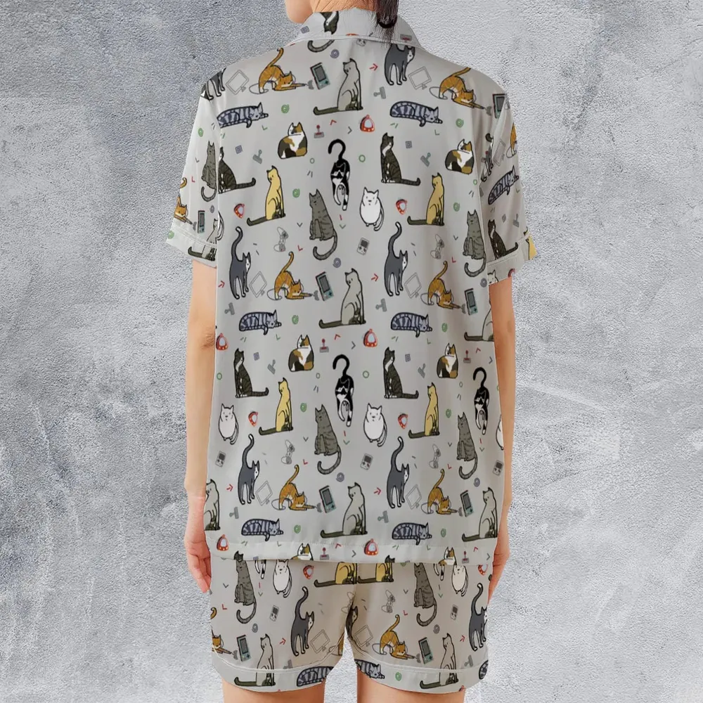 Cat the Gamer Pattern Satin Short-Sleeve Pajamas Set - 2