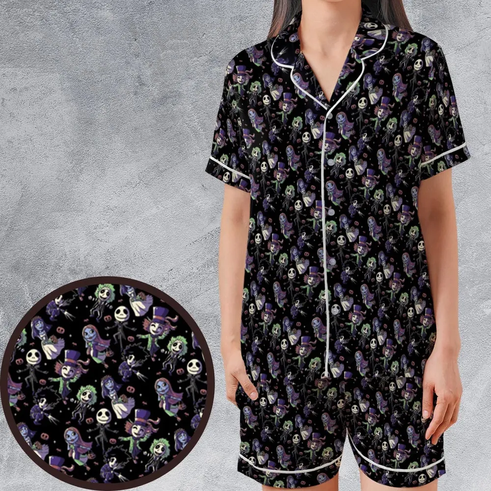 Buttons Characters Pattern Satin Short-Sleeve Pajamas Set - 1