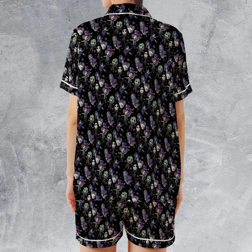 Buttons Characters Pattern Satin Short-Sleeve Pajamas Set - 2