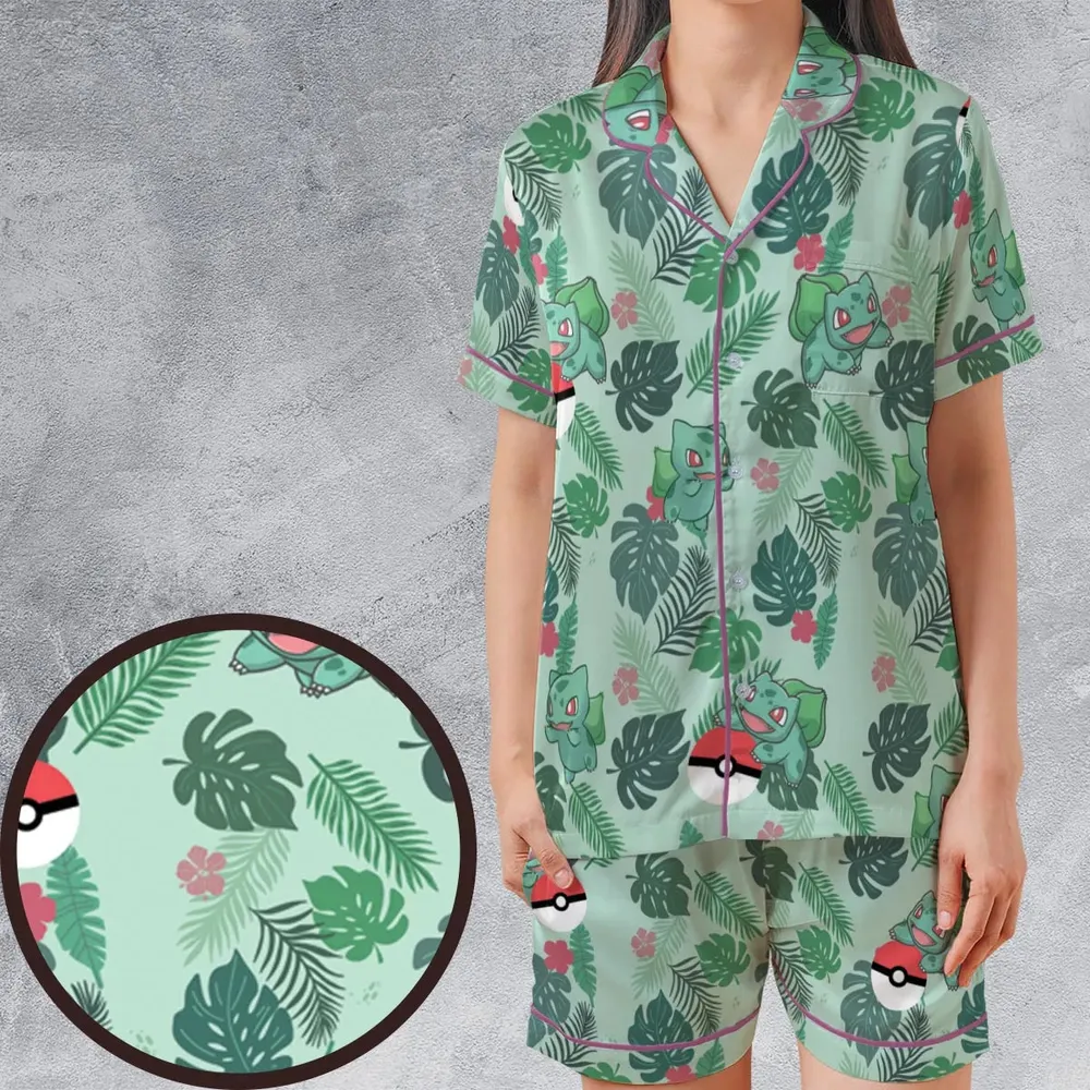 Bulbasaur Pokemon Pattern Satin Short-Sleeve Pajamas Set - 1