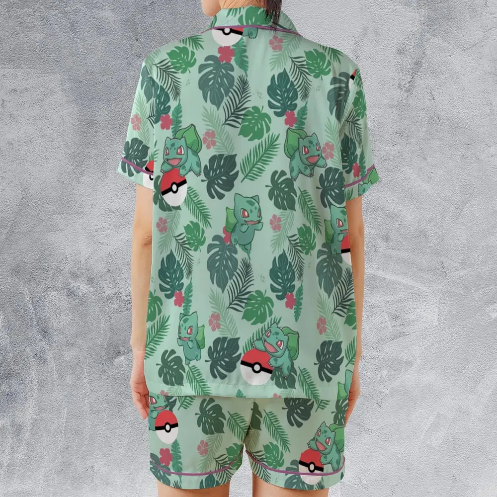 Bulbasaur Pokemon Pattern Satin Short-Sleeve Pajamas Set - 2