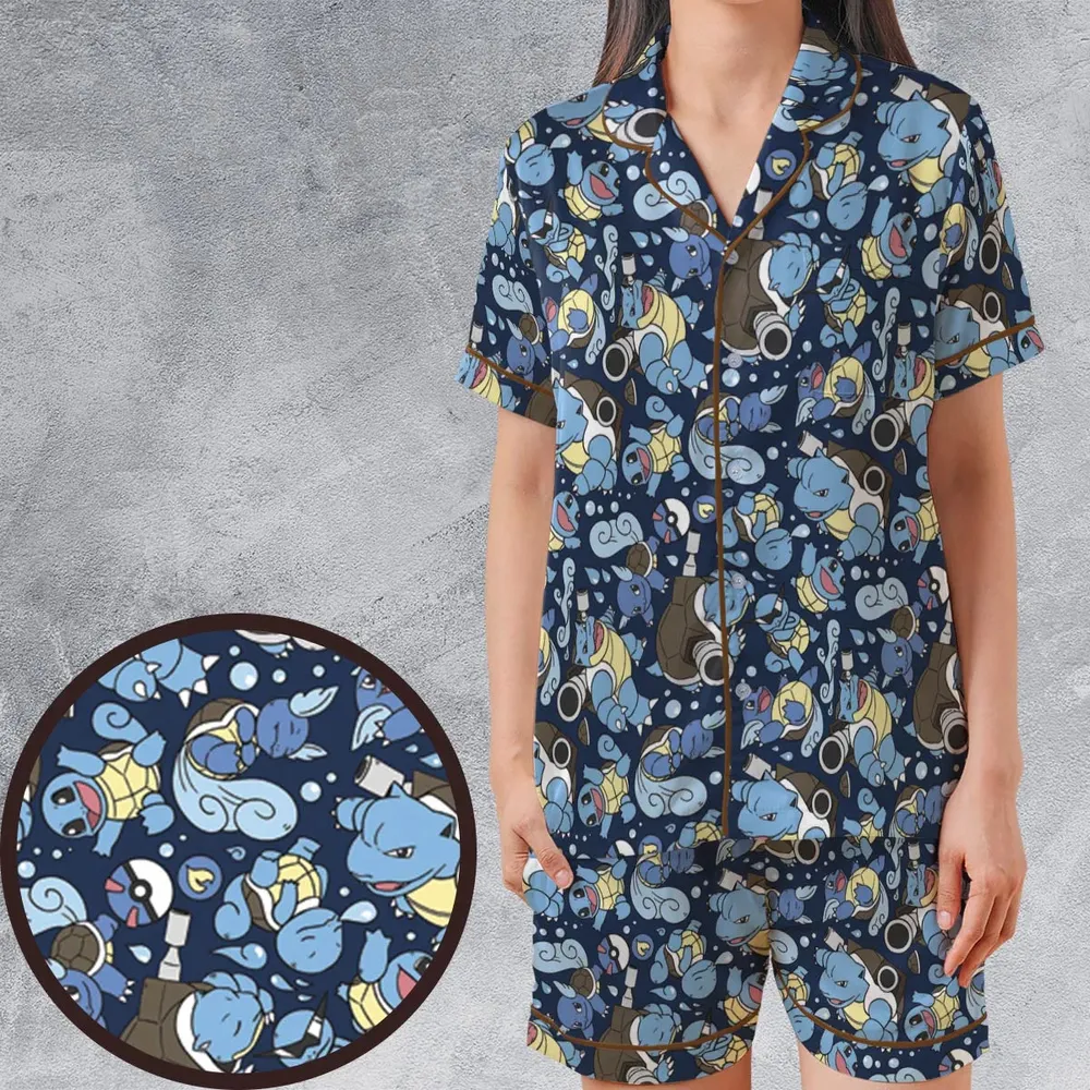 Blastoise Wartortle Squirtle Pokemon Pattern Satin Short-Sleeve Pajamas Set - 1