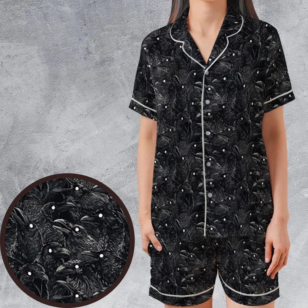 Black Raven Pattern Satin Short-Sleeve Pajamas Set - 1