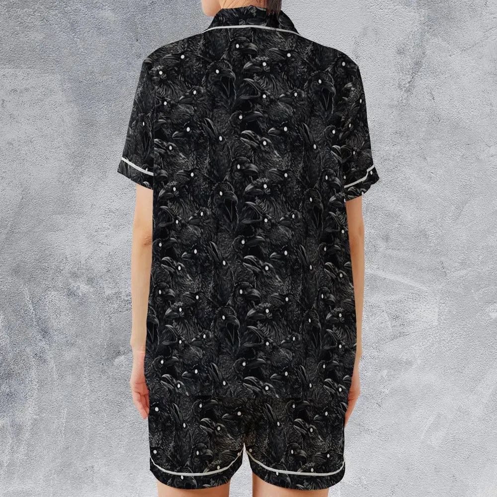 Black Raven Pattern Satin Short-Sleeve Pajamas Set - 2