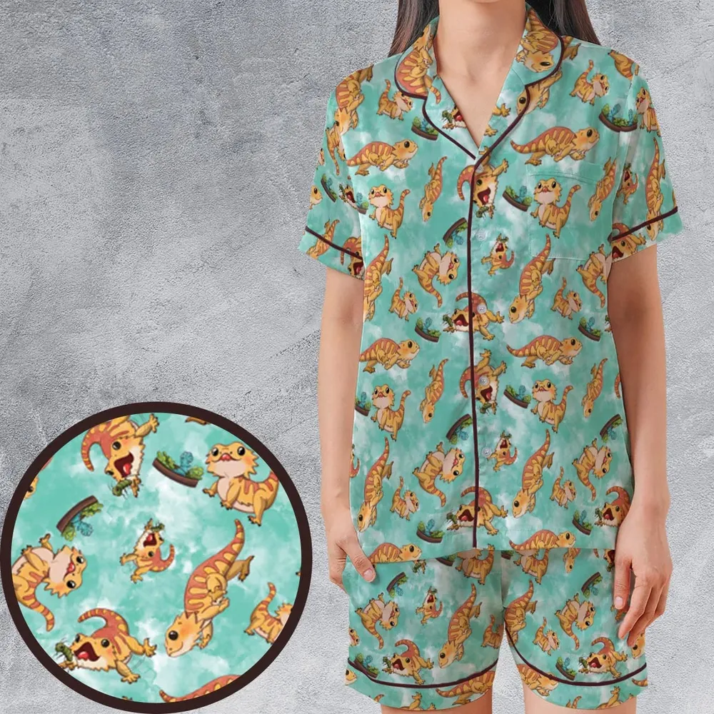 Bearded Dragon Pattern Satin Short-Sleeve Pajamas Set - 1