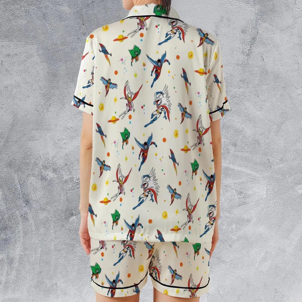 Battle of the Planets Pattern Satin Short-Sleeve Pajamas Set - 2