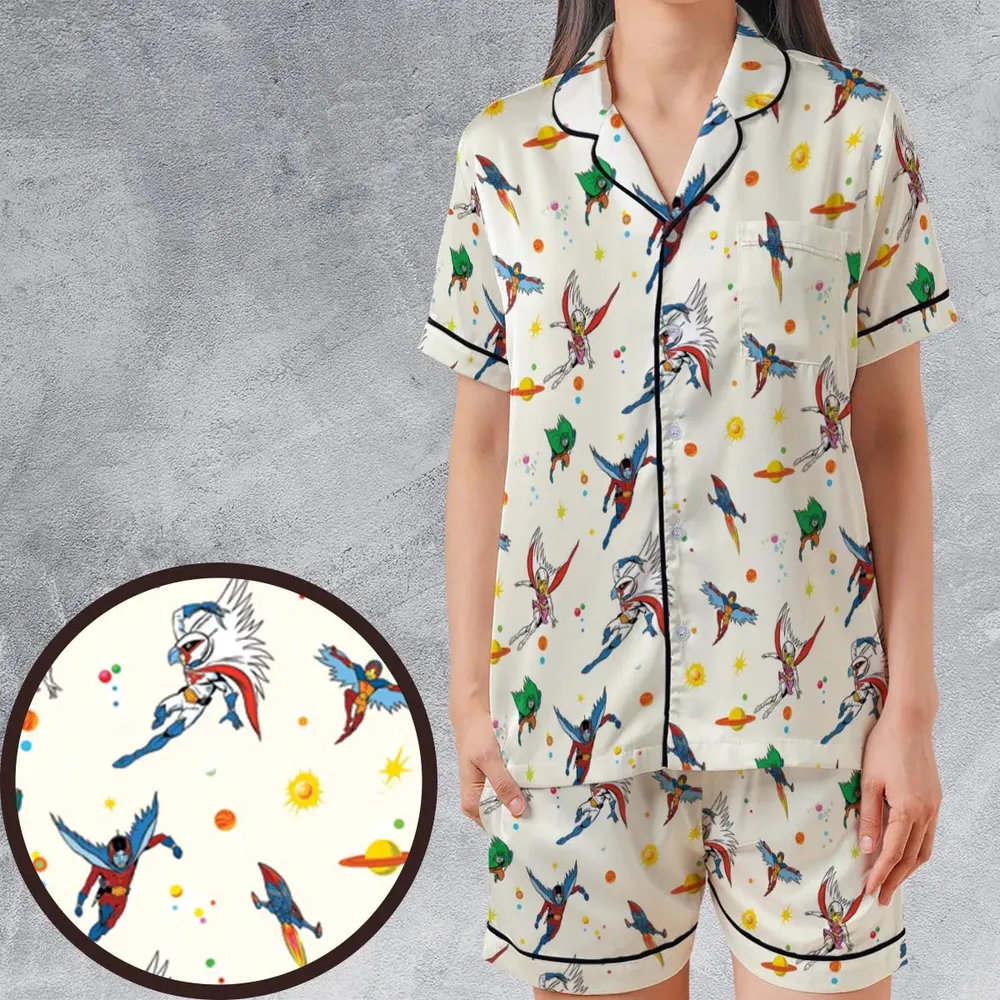 Battle of the Planets Pattern Satin Short-Sleeve Pajamas Set - 1