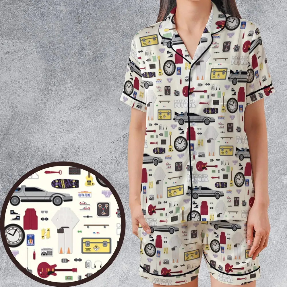 Back to the Future Pattern Satin Short-Sleeve Pajamas Set - 1