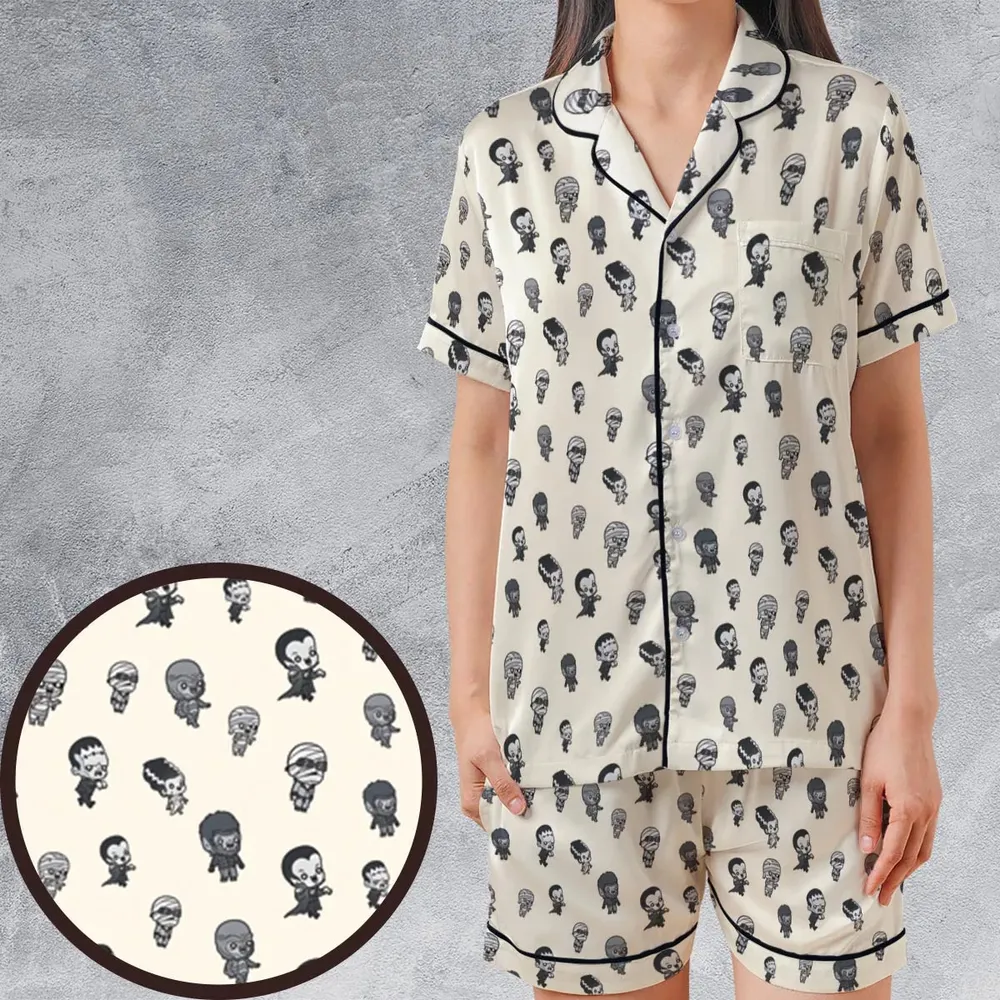 Baby Monsters Pattern Satin Short-Sleeve Pajamas Set - 1