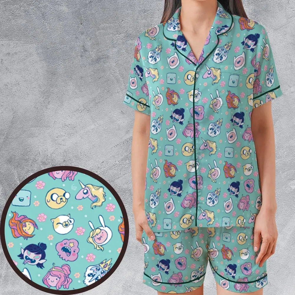 Adventure Time Floral Pattern Satin Short-Sleeve Pajamas Set - 1