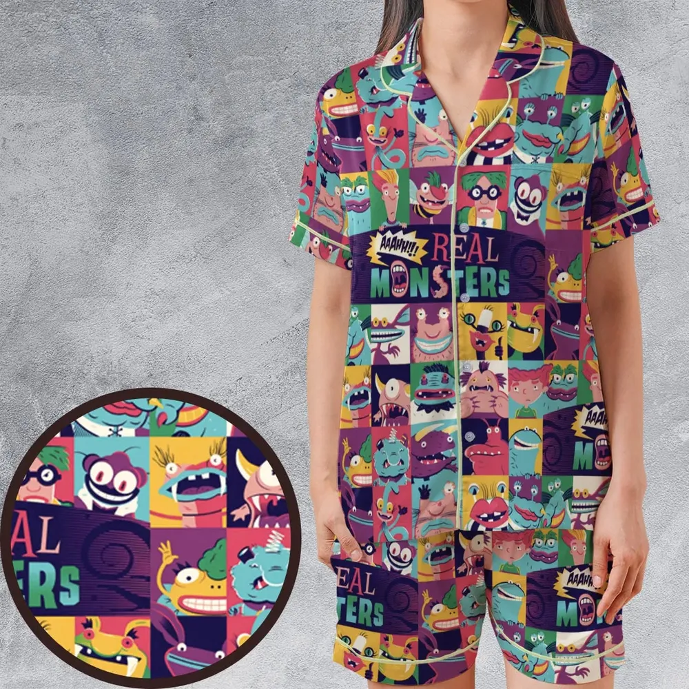 Aaahh!!! Real Monsters Characters Pattern Satin Short-Sleeve Pajamas Set - 1
