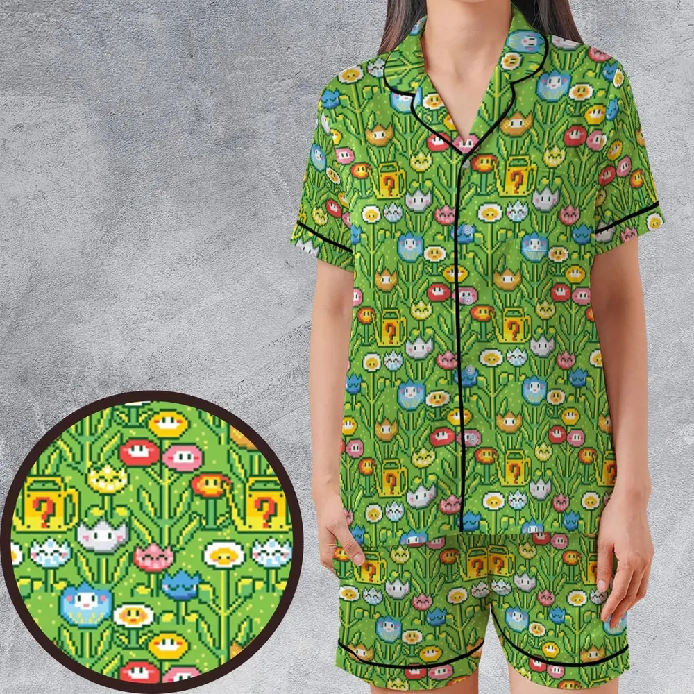 8bit Flower Garden Super Mario Pattern Satin Short-Sleeve Pajamas Set - 1
