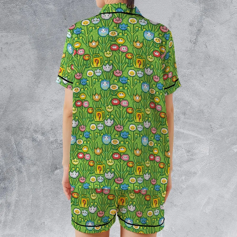 8bit Flower Garden Super Mario Pattern Satin Short-Sleeve Pajamas Set - 2