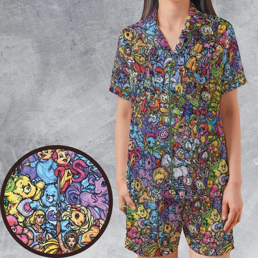 80s Throwback Cartoon Pattern Satin Short-Sleeve Pajamas Set - 1