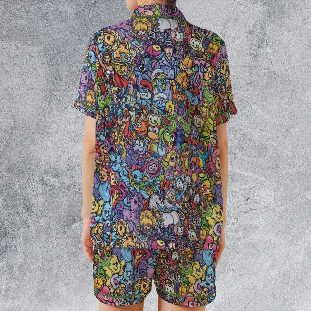 80s Throwback Cartoon Pattern Satin Short-Sleeve Pajamas Set - 2