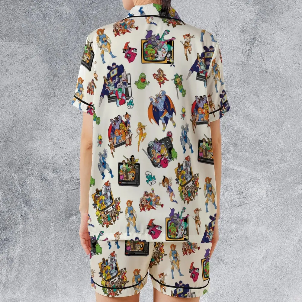 80s Famous Cartoon Characters Pattern Satin Short-Sleeve Pajamas Set - 2