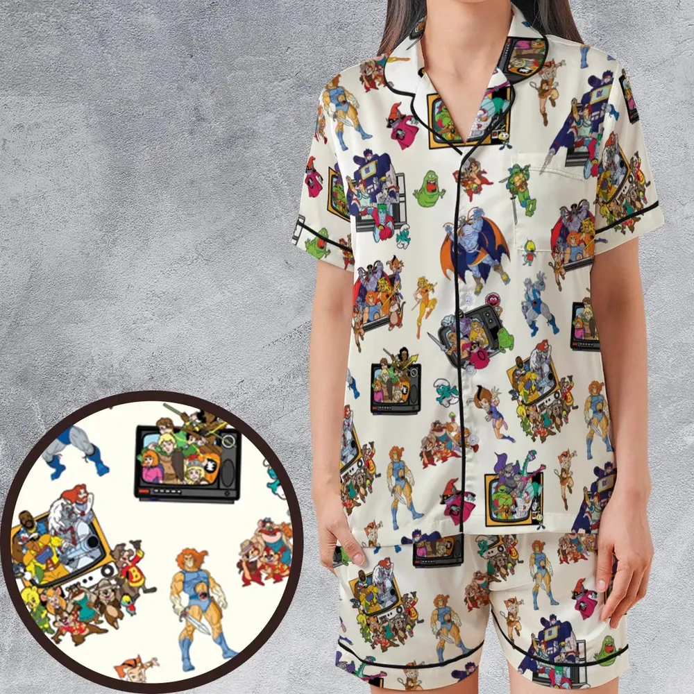 80s Famous Cartoon Characters Pattern Satin Short-Sleeve Pajamas Set - 1