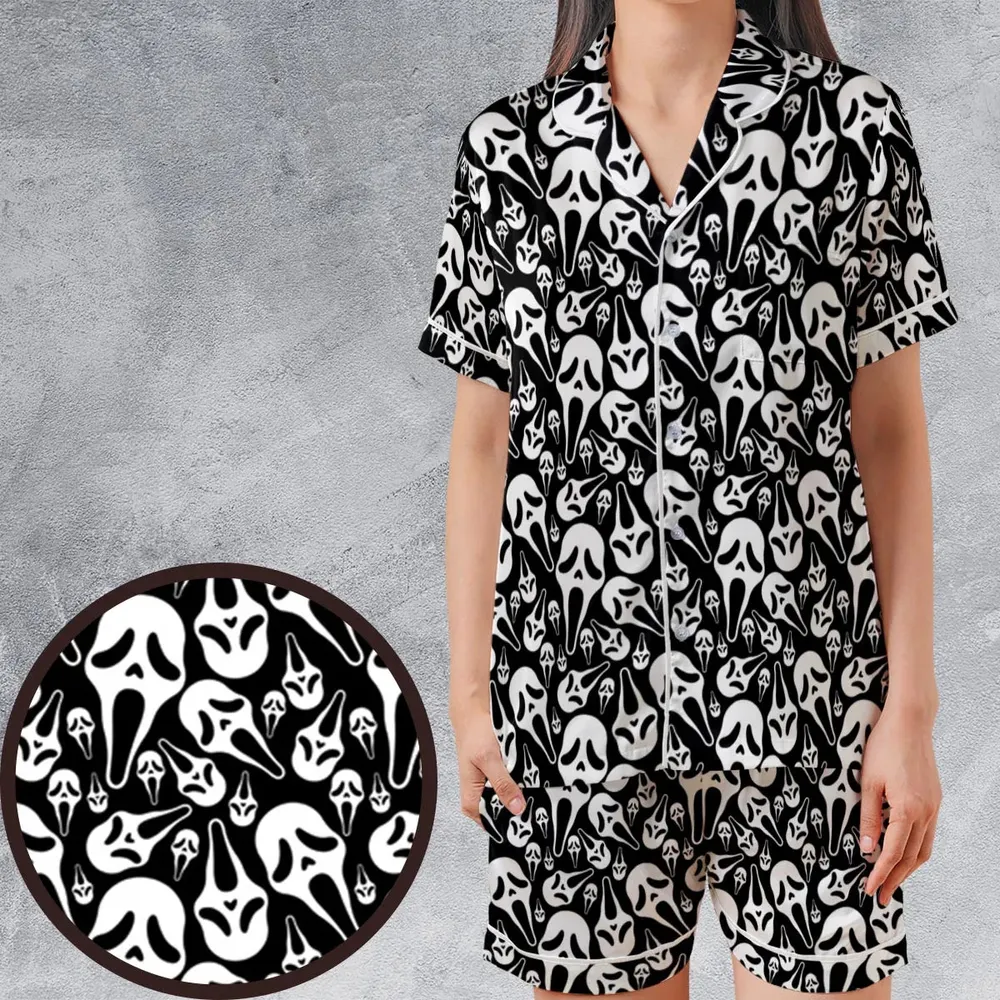 Ghostface Horror Movie Pattern Halloween Satin Short-Sleeve Pajamas Set - 1