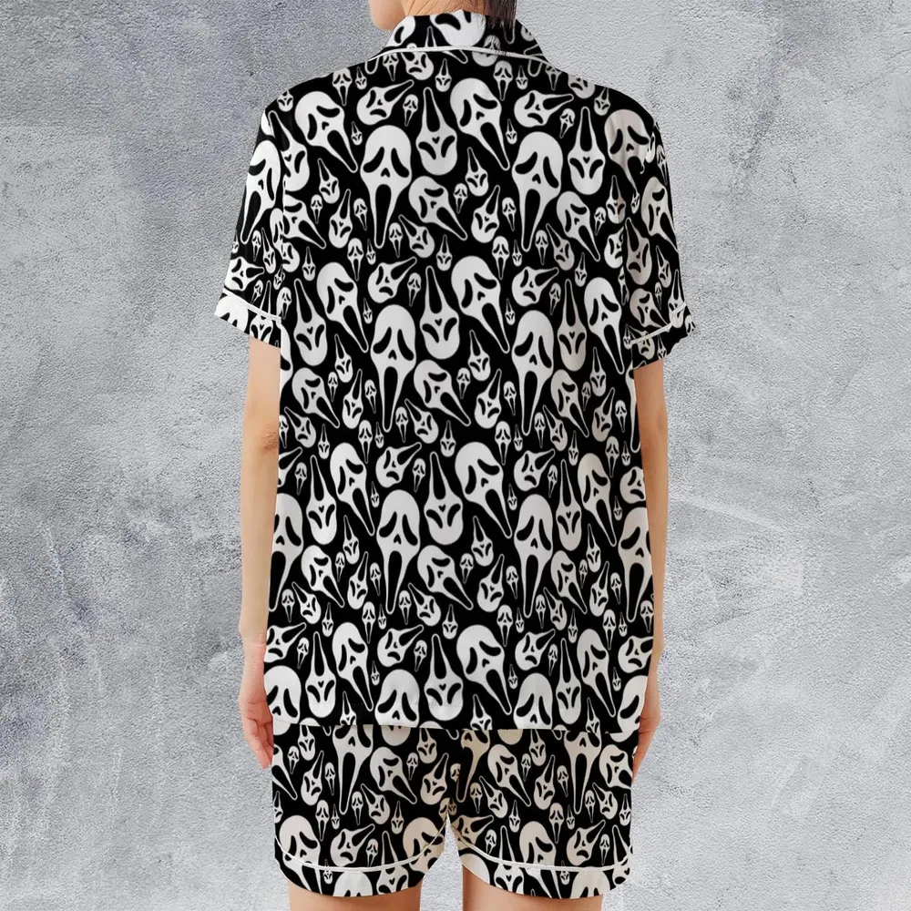 Ghostface Horror Movie Pattern Halloween Satin Short-Sleeve Pajamas Set - 2