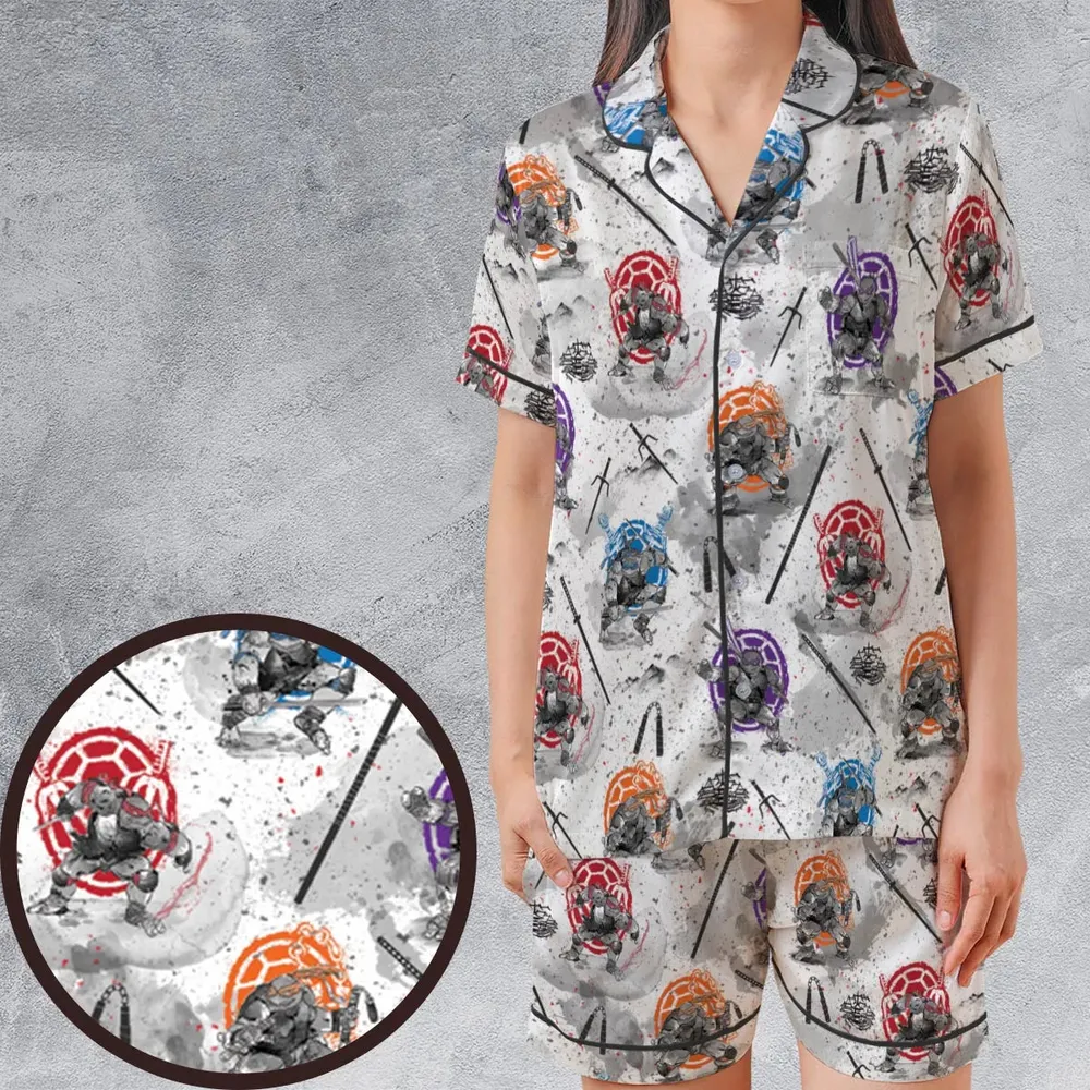 TMNT Characters Sumi-E Pattern Satin Short-Sleeve Pajamas Set - 1