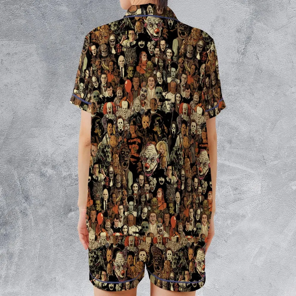 Horror Movie Characters Halloween Pattern Satin Short-Sleeve Pajamas Set - 2