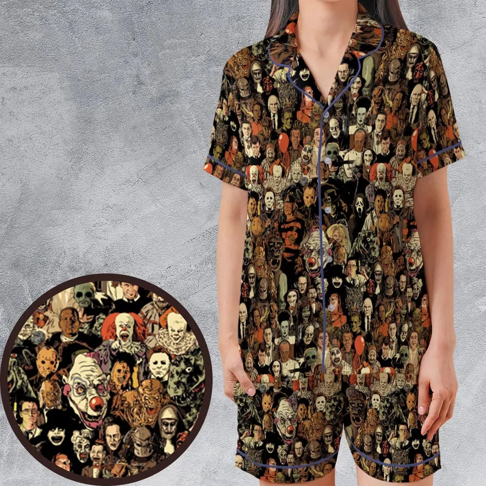 Horror Movie Characters Halloween Pattern Satin Short-Sleeve Pajamas Set - 1