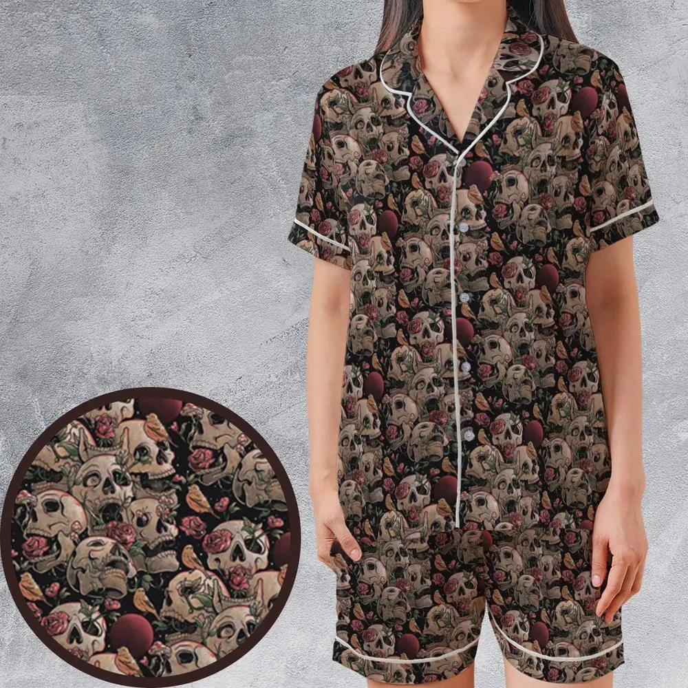 Life Grows Through Death Skull Satin Short-Sleeve Pajamas Set - 1