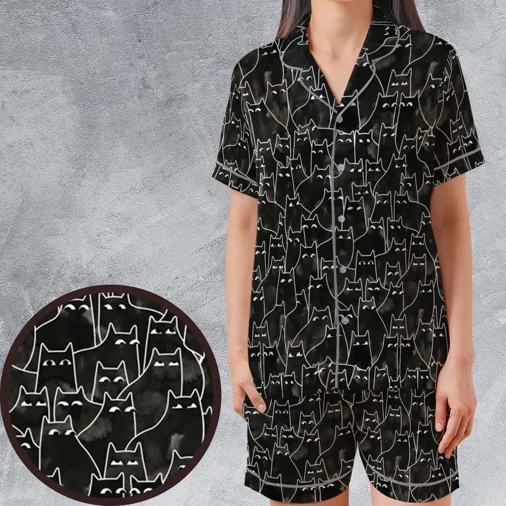 Suspicious Cats Funny Cat Satin Short-Sleeve Pajamas Set - 1