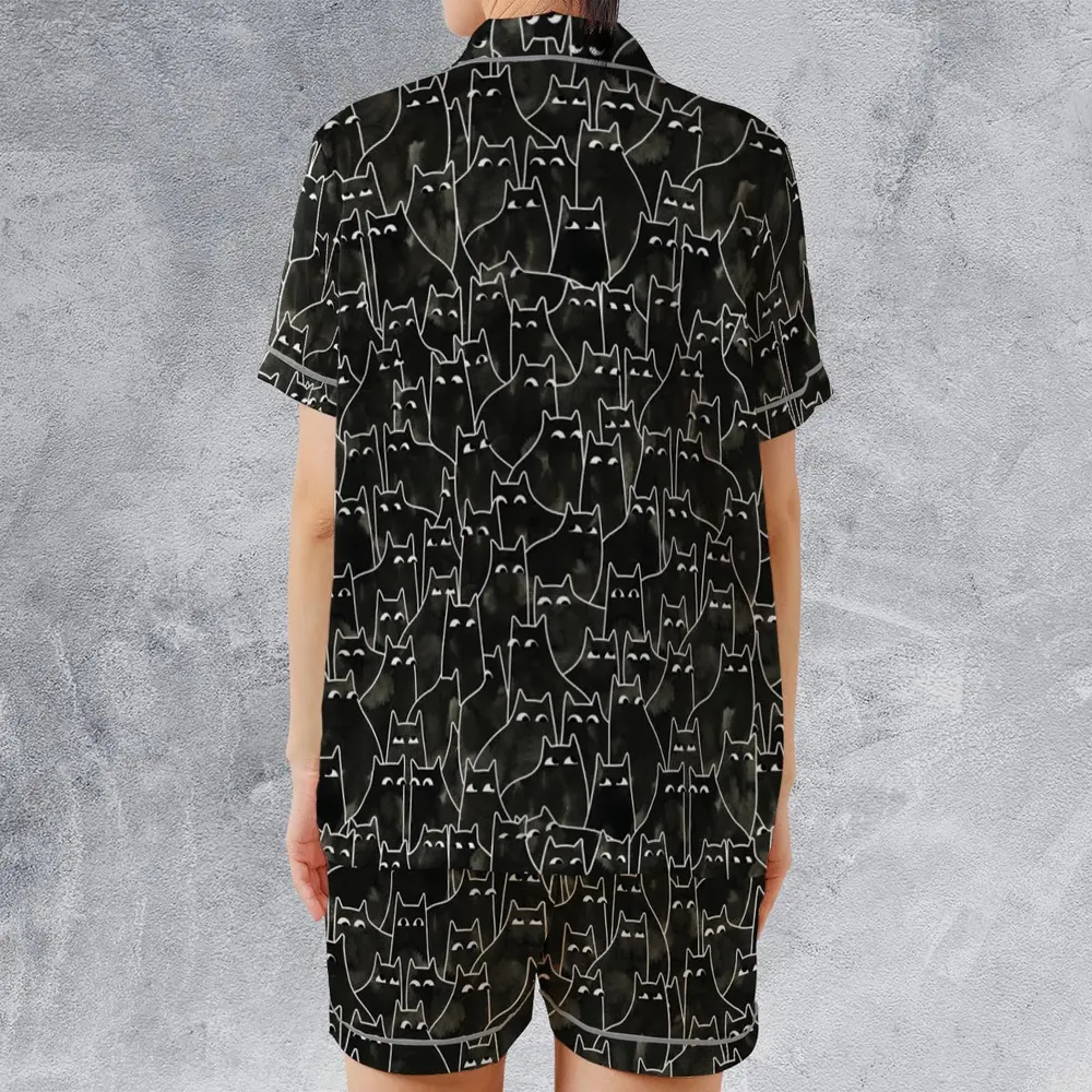 Suspicious Cats Funny Cat Satin Short-Sleeve Pajamas Set - 2
