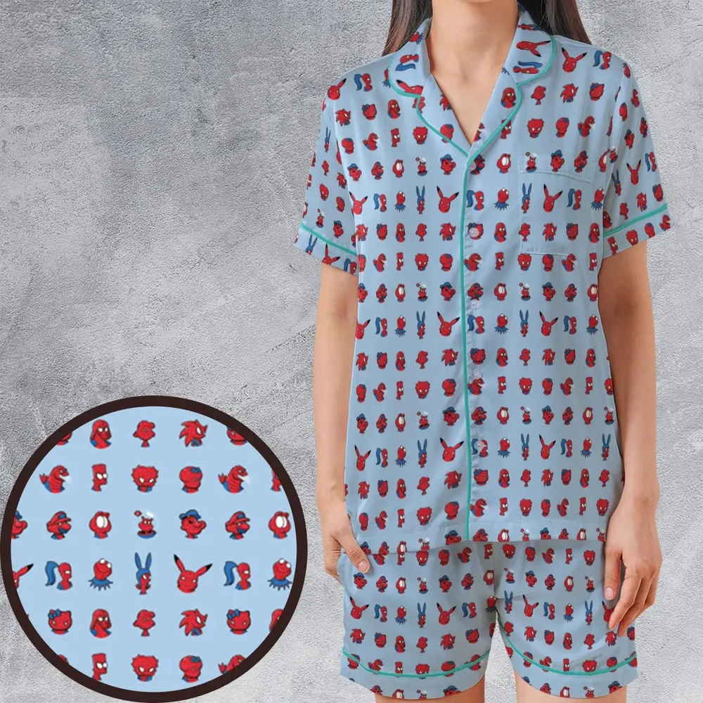 Funny Spider-Man Characters Pattern Satin Short-Sleeve Pajamas Set - 1
