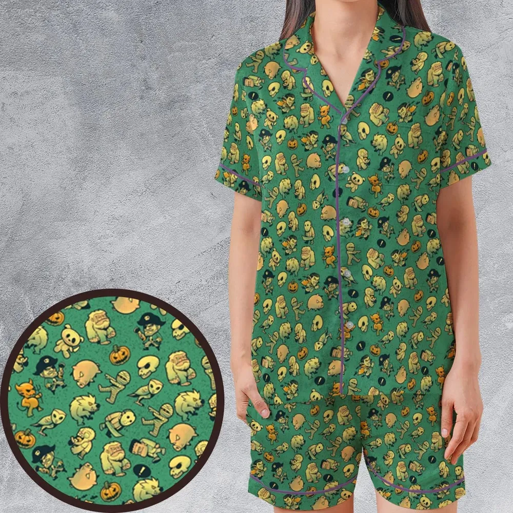 Terror Attack Cute Horror Characters Halloween Satin Short-Sleeve Pajamas Set - 1