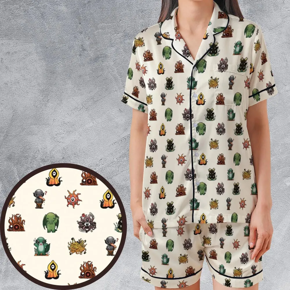 Lovecraft Demons Cute H.P. Lovecraft Monsters Pattern Satin Short-Sleeve Pajamas Set - 1
