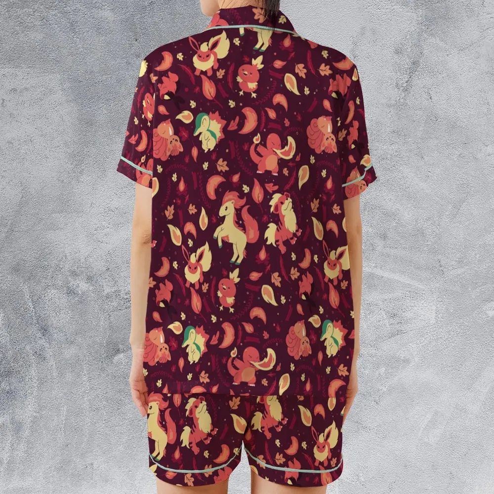 Fire Pokemon Pattern Satin Short-Sleeve Pajamas Set - 2