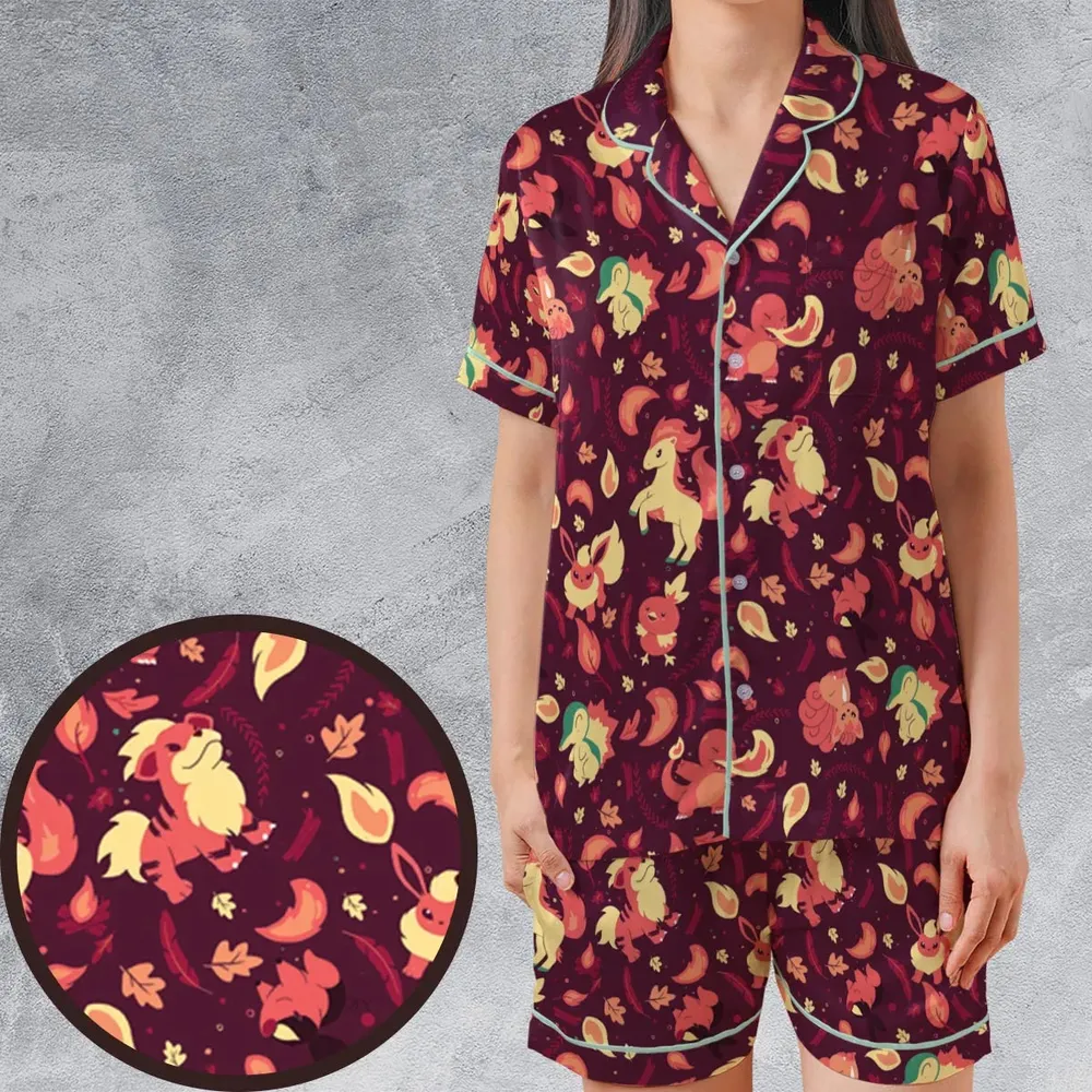 Fire Pokemon Pattern Satin Short-Sleeve Pajamas Set - 1