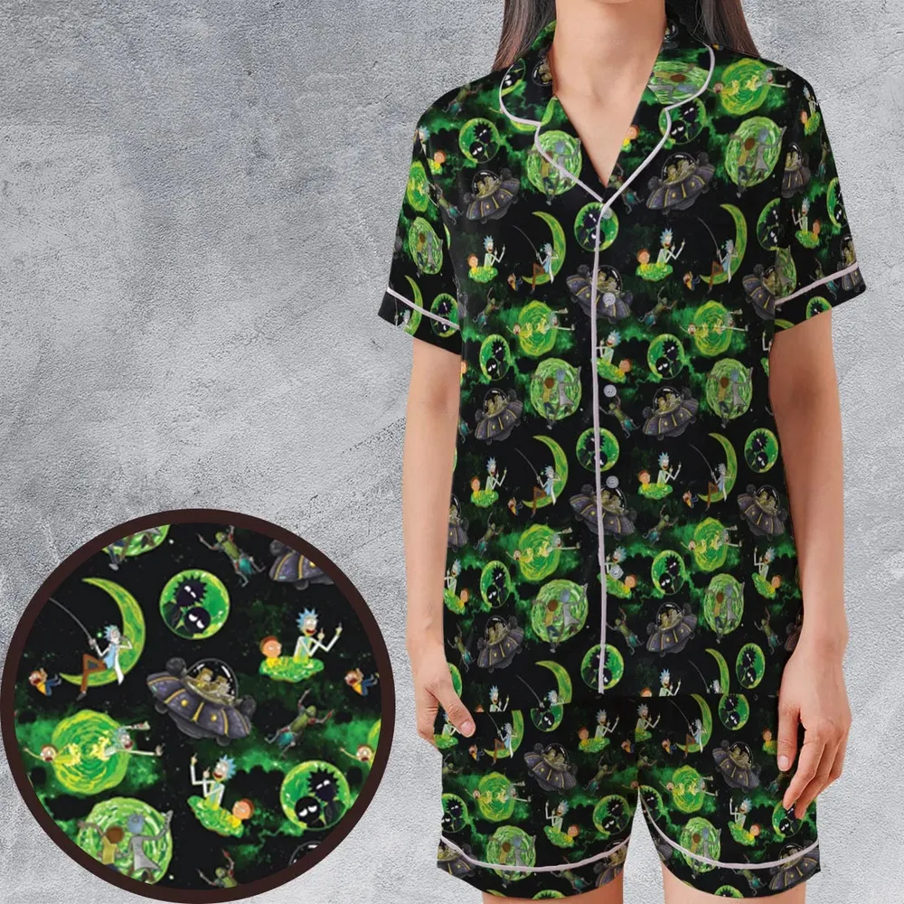 Rick and Morty Pattern Satin Short-Sleeve Pajamas Set - 1