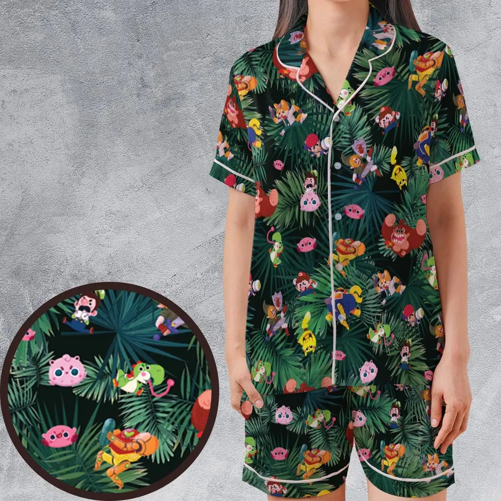 Video Game Characters Pattern Satin Short-Sleeve Pajamas Set - 1