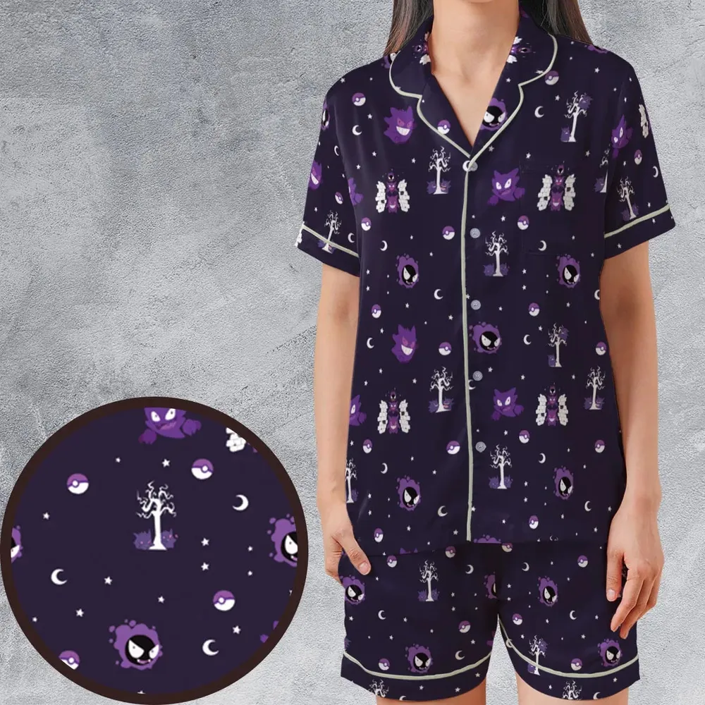 Gengar Pokemon Pattern Satin Short-Sleeve Pajamas Set - 1