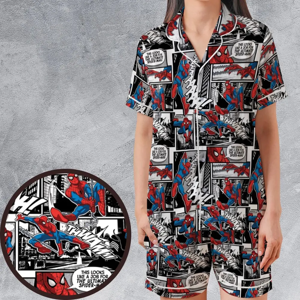 Spider Man Comic Pattern Satin Short-Sleeve Pajamas Set - 1