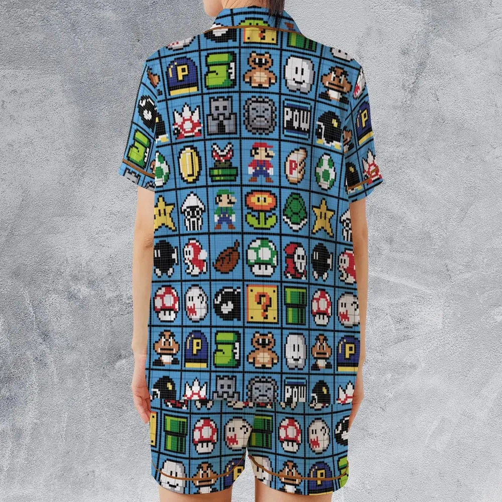 Mario Pixel Super Mario Pattern Satin Short-Sleeve Pajamas Set - 2