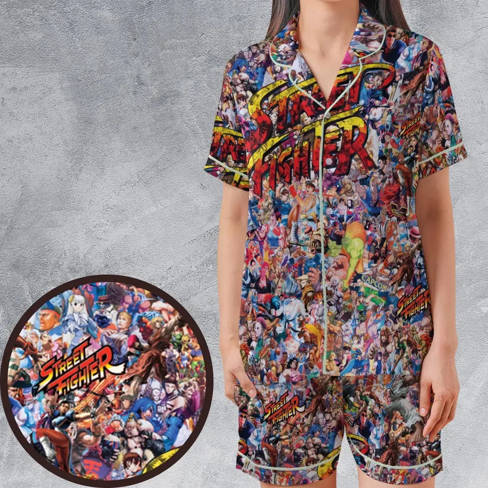 Street Fighter Colorful Pattern Satin Short-Sleeve Pajamas Set - 1