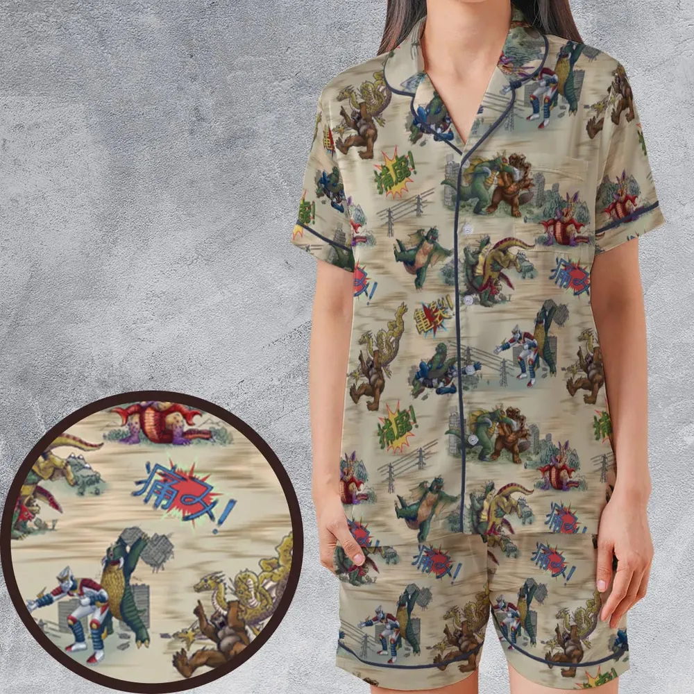 Showa Era Monsters Kaiju Battles Satin Short-Sleeve Pajamas Set - 1