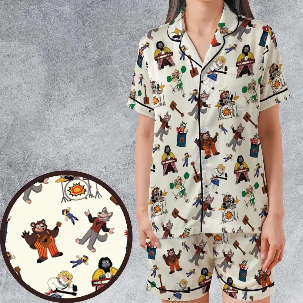 The Rock-afire Explosion Pattern Satin Short-Sleeve Pajamas Set - 1