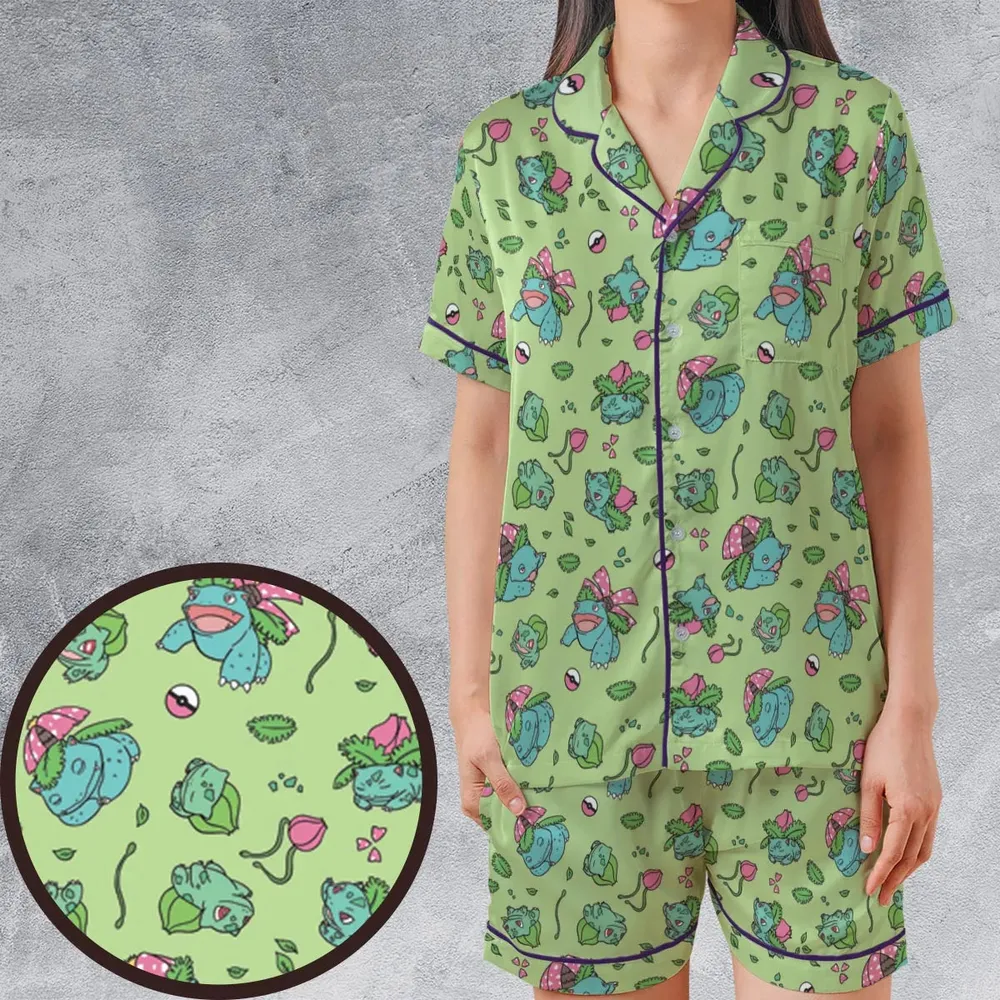 Venusaur Ivysaur and Bulbasaur Pokemon Satin Short-Sleeve Pajamas Set - 1