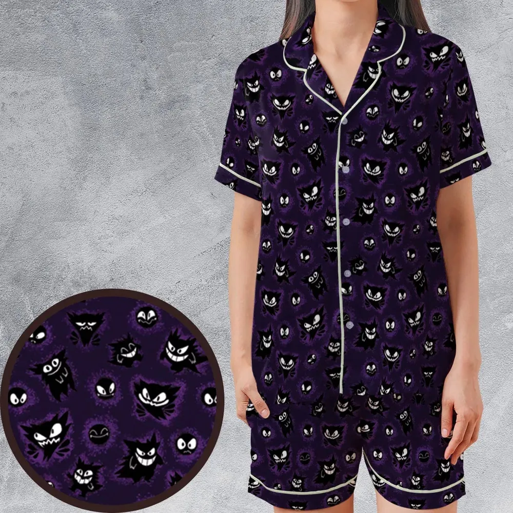 Gastly Haunter and Gengar Pokemon Pattern Satin Short-Sleeve Pajamas Set - 1